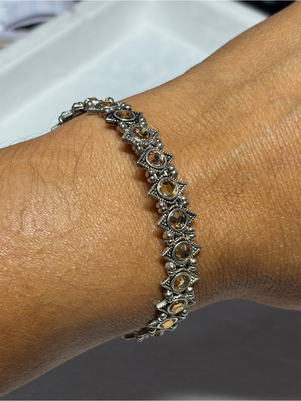 Sterling Silver-Tone Memory Wire Bracelet with Champagne Stones